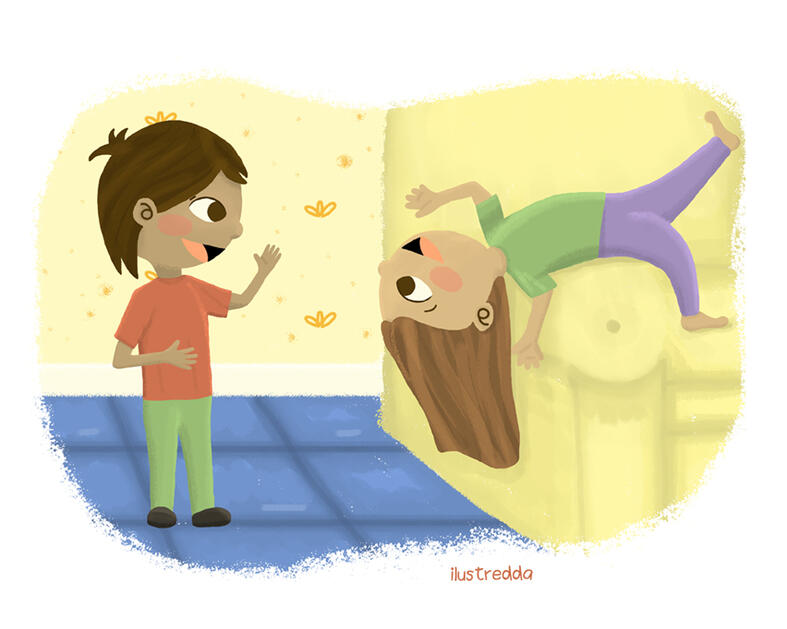 Ilustración editorial sobre las charlas y las ideas que surgen entre hermanos en lo cotidiano para cuento.