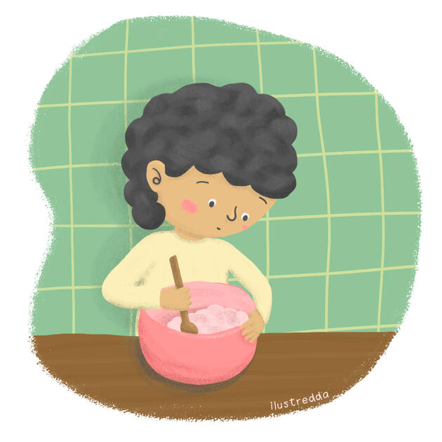 Proyecto personal para cuento. Niño concentrado en la cocina.