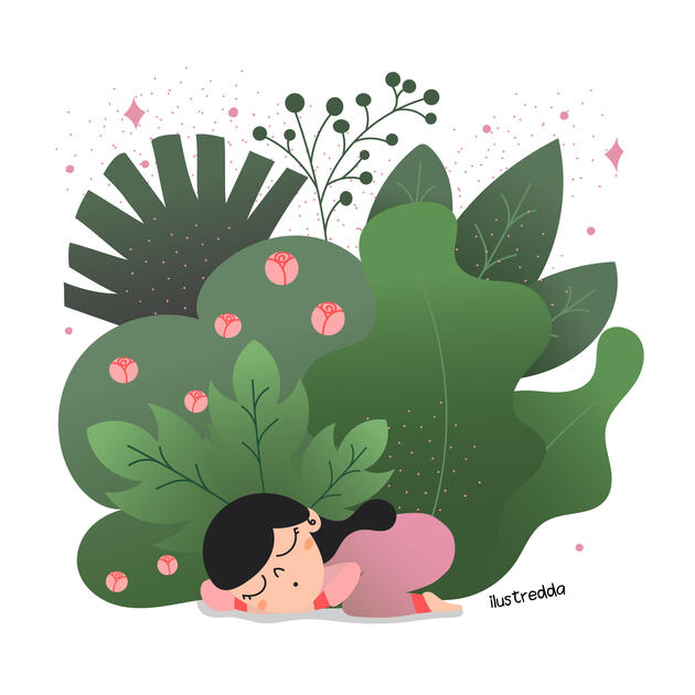 Niña que duerme en la naturaleza, delante de muchas plantas. Ilustración para historia de una niña del bosque.