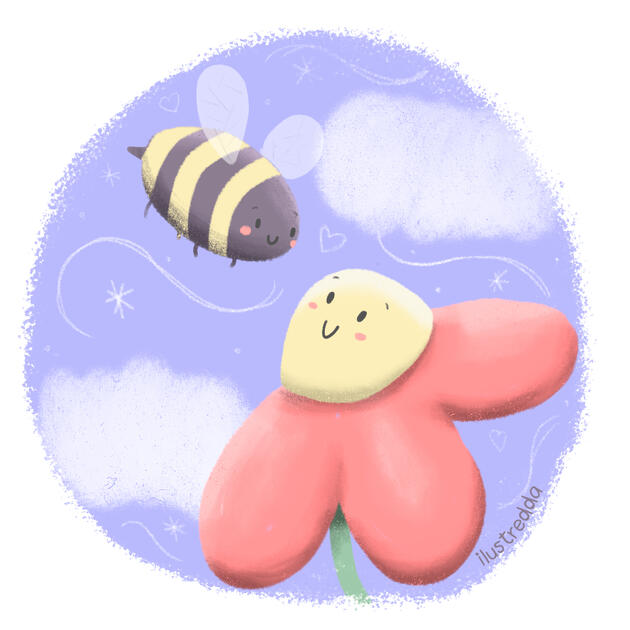 Flor y abeja mirandose. Ilustración para texto para infancias sobre polinización.