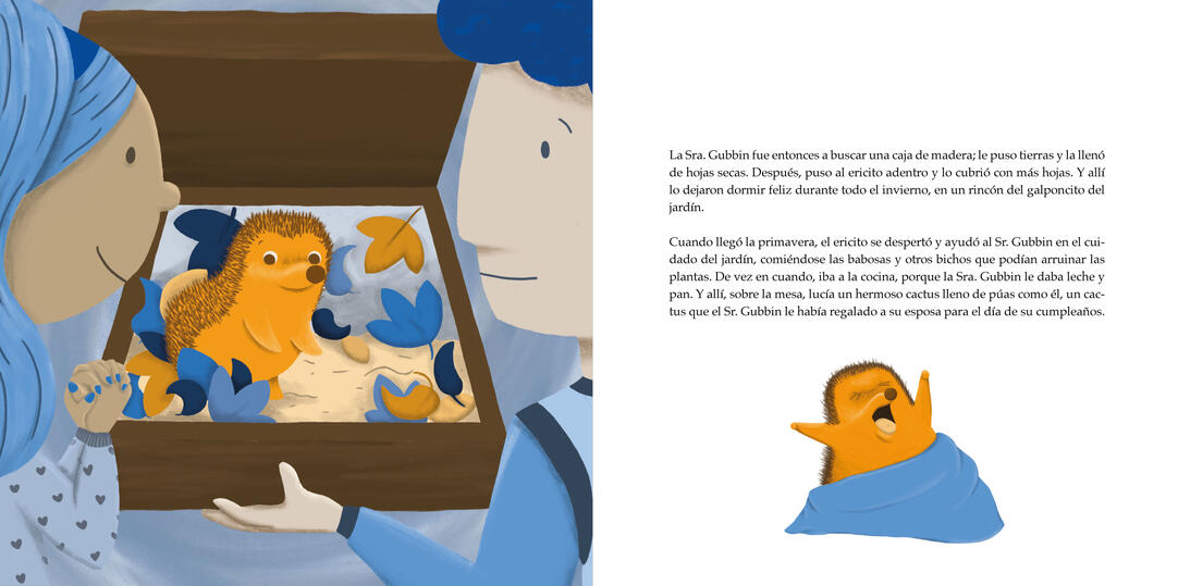 Ilustración de página completa que acompaña el cuento "El Erizo Sorpresa"