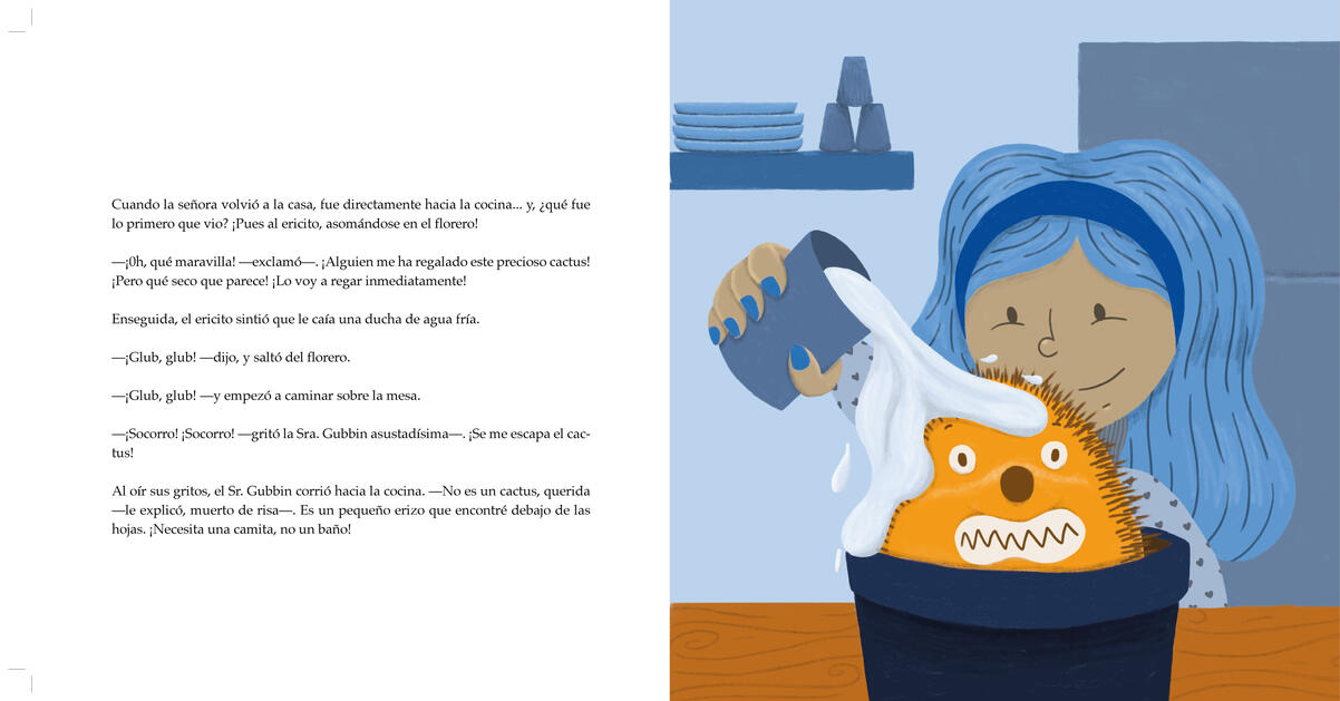 Ilustración de página completa que acompaña el cuento "El Erizo Sorpresa"