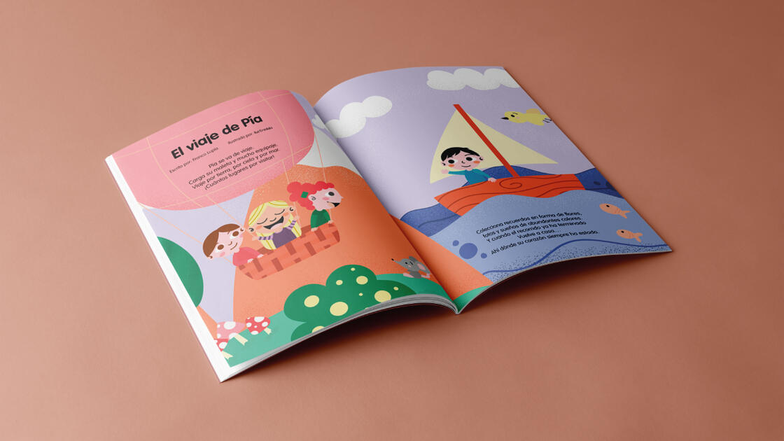 Ilustración editorial a doble página para poesía infantil en revista para niños.