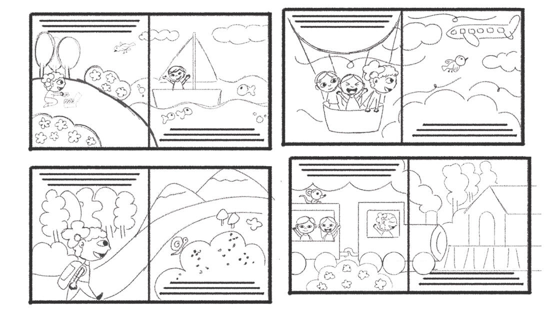 Bocetos para ilustración editorial a doble página para poesía infantil en revista para niños.