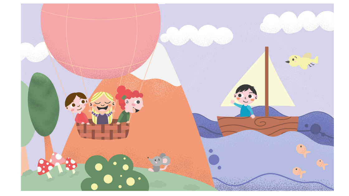 Ilustración editorial a doble página para poesía infantil en revista para niños.